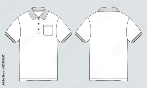 Short sleeve polo shirt with pocket Overall technical fashion flat sketch vector illustration template front and back views. Apparel clothing Design Mock up Cad.