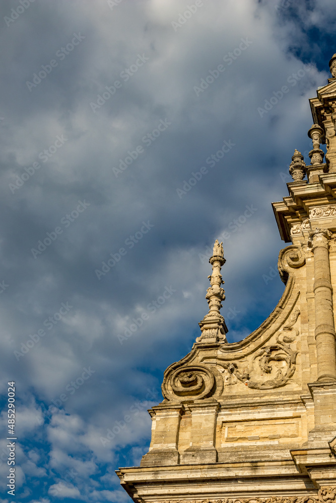 Architectural details. Travel photograph, street view in a beautiful sunny September day with some clouds, Leuven, Belgium