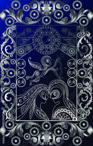 Graphic abstract design with occult tarot card. Major Arcana - The Lovers. Suitable for invitation, flyer, sticker, poster, banner, card, label, cover, web. Vector illustration.