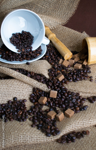 coffee and sugar on natural background