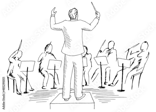 Conductor directs the orchestra graphic black white sketch illustration vector