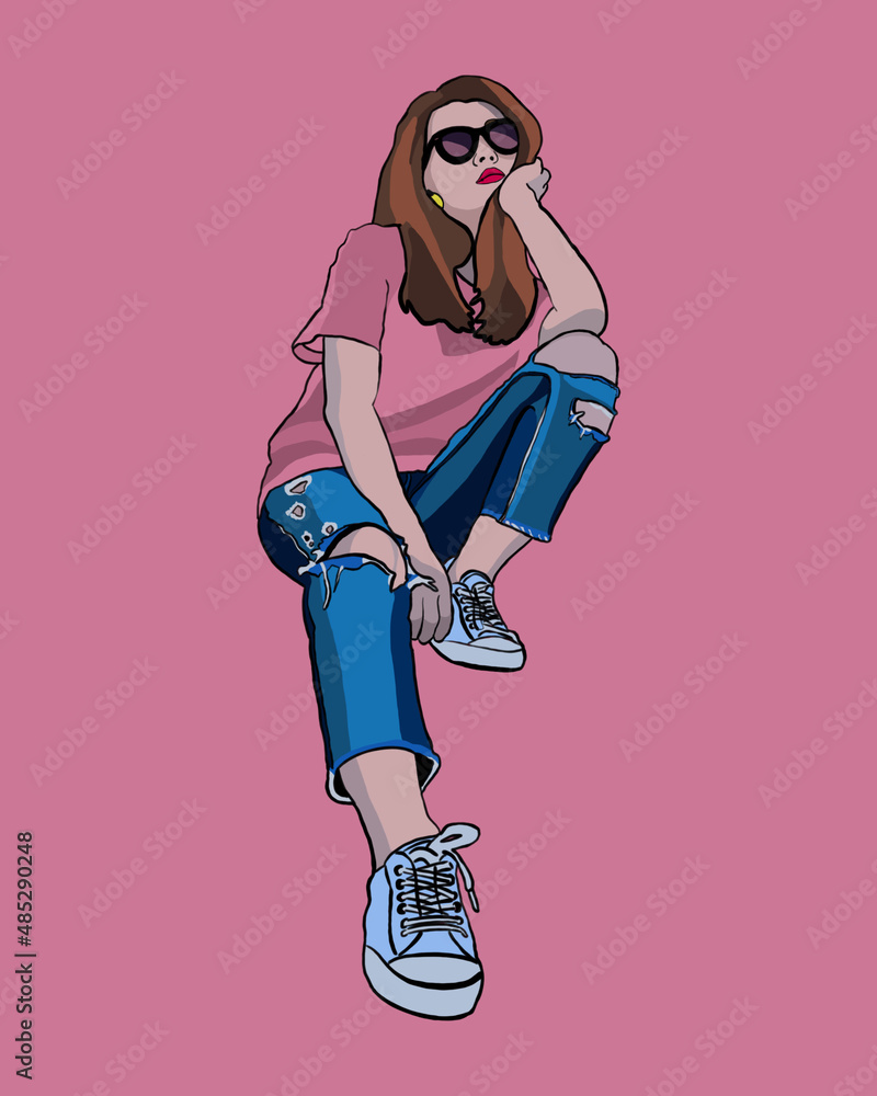 Cool girl with sunglasses, pink t-shirt and blue torn jeans on a pink background Cool girl with sunglasses, pink t-shirt and blue torn jeans on a pink background