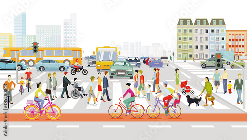 Stadtsilhouette mit Fußgänger auf dem Zebrastreifen und öffentlicher verkehr und Radfahrer, Illustratio