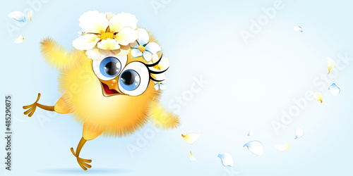 Cute cartoon little yellow chick Girl with flower wreath and petals