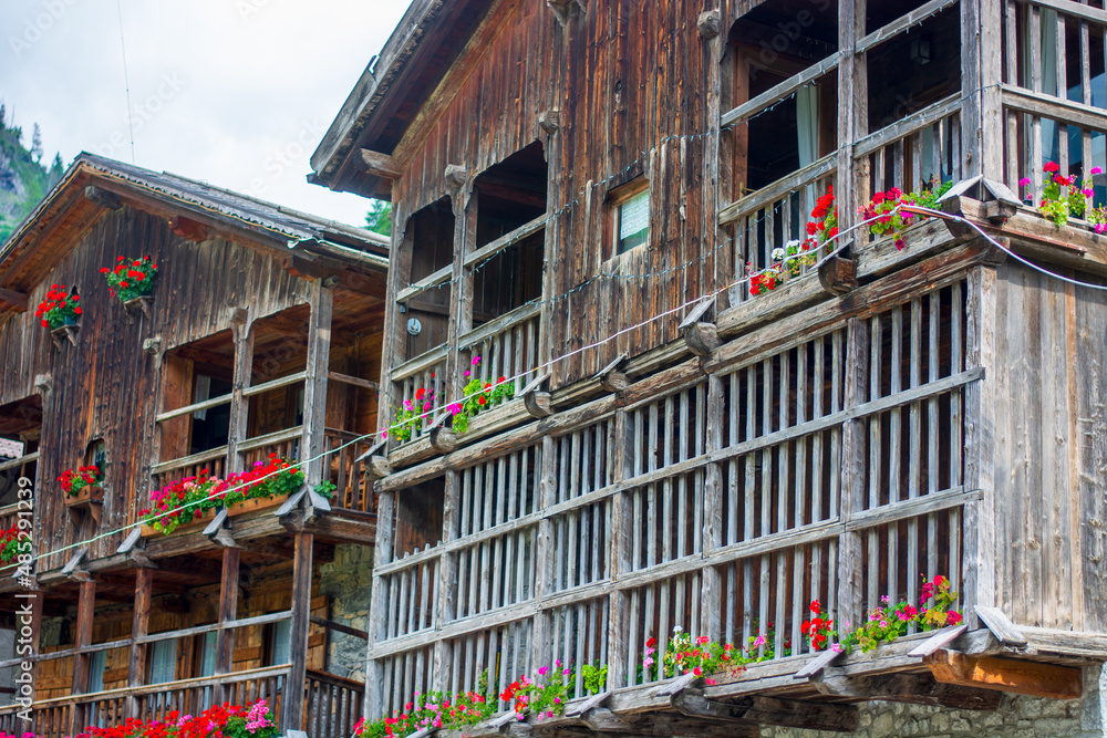 old traditional houses on the beautiful Italian Dolomites
