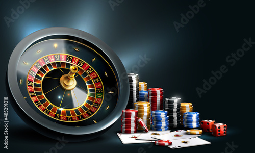 Сards, chips, craps and roulette. Casino background . Big win illustration casino. Game design, flyer, poster, banner, advertisement.