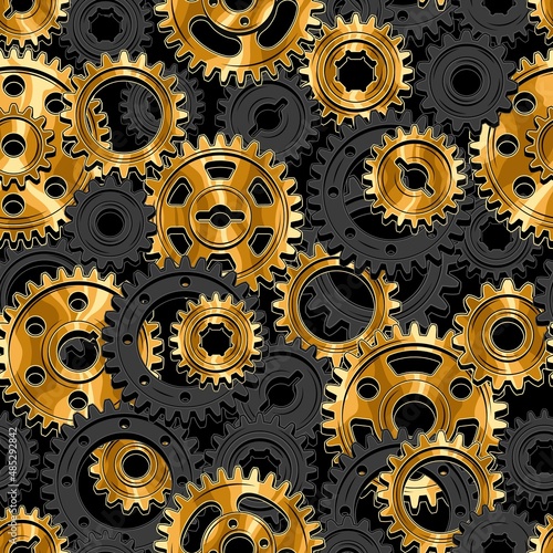 Seamless mechanical pattern with black cast iron gears and polished gold machine gears on a black background. Dense composition. Steampunk style.
