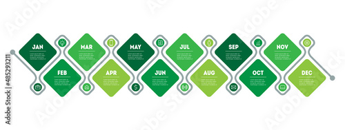Calendar of sustainable development. Timeline or infographics with twelve parts. Eco Business concept with steps or processes. Calendar for 12 months. Global green politics.