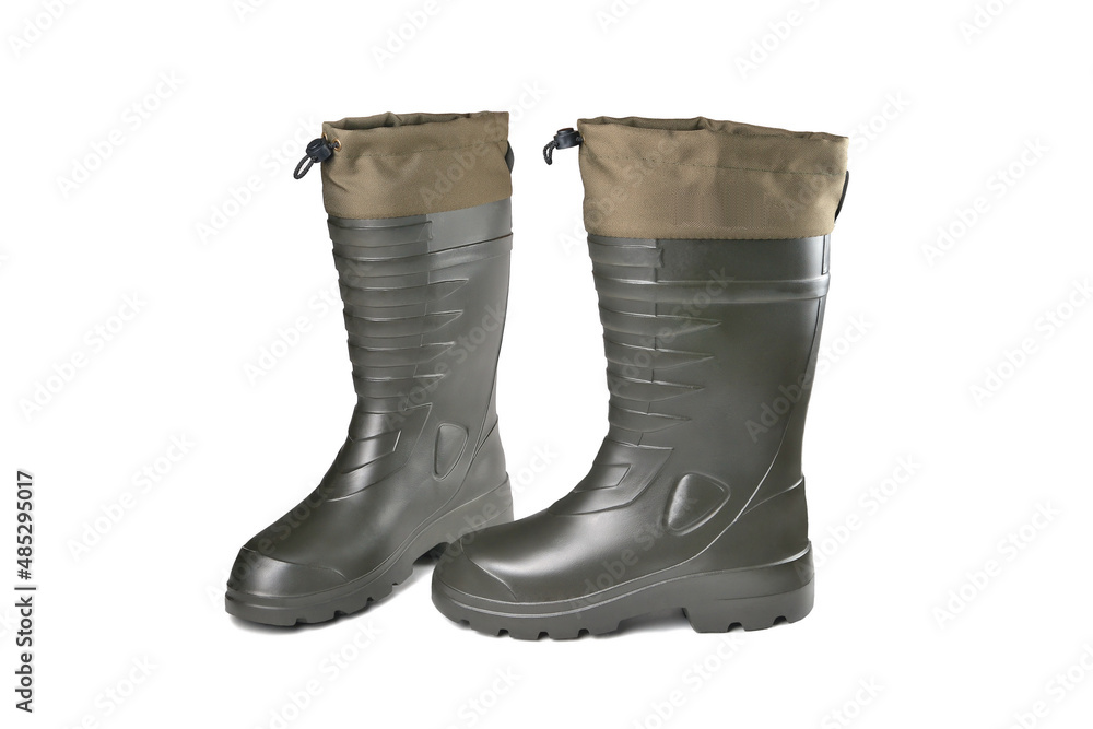 custom made wallpaper toronto digitalOff-road rubber boots, specialized footwear for fishing, hunting, work. Protective insulated footwear for winter and low temperatures. Polymer footwear. White background, selective focus