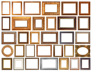 set of isolated antique frames gold gilding Silver on a white background