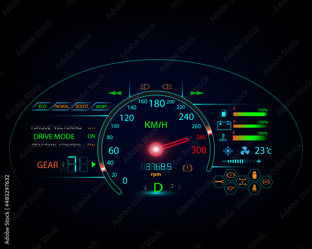 speedometer dashboard concept and car logo icon design