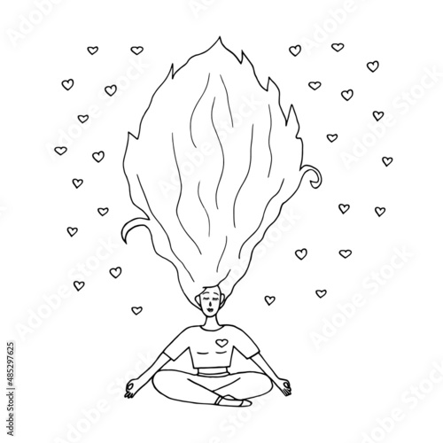 a young girl practices yoga in the lotus position. a woman with long hair is meditating. vector illustration hand drawn in doodle style. line art, nordic, scandinavian, minimalism, monochrome. icon