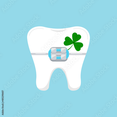 St Patrick day tooth in braces with clover shamrock. Dental molar tooth with bracket. Flat design cartoon dentist celebration vector illustration.