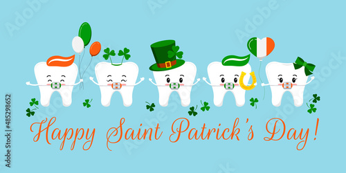 St Patrick day teeth dental braces on dentistry greeting card. Tooth irish character with lucky clover on green hat, flag colors balloon, horseshoe. Flat cartoon vector Happy paddy's day illustration.