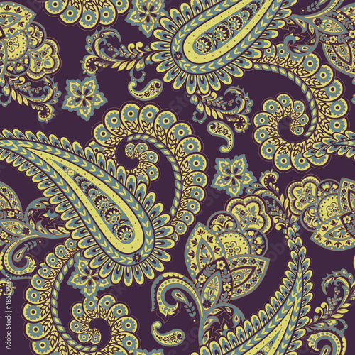 Paisley vector seamless pattern. Fantastic flower, leaves. Textile bohemian print. Batik painting. Vintage