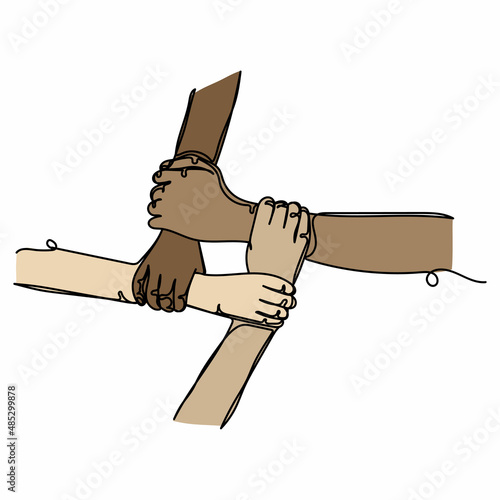 Vector abstract continuous one single simple line drawing icon of people joining hands together in silhouette sketch. Perfect for greeting cards