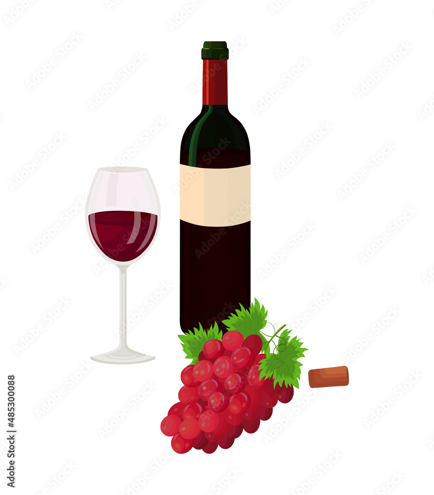 Illustration with red wine on white background. Vector bottle and glass with wine, red grapes and bottle cap in cartoon style.