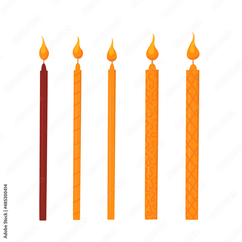 Set of church candles, burning candles. Vector Illustration for printing, backgrounds, covers, packaging, greeting cards, posters, stickers, textile and seasonal design. Isolated on white background. Set of church candles, burning candles. Vector Illustration for printing, backgrounds, covers, packaging, greeting cards, posters, stickers, textile and seasonal design. Isolated on white background.