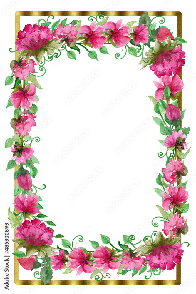 Gold frames with watercolor bouquets of flowers,peonies,poppies, for Valentine's Day greeting cards,invitations,for design works.