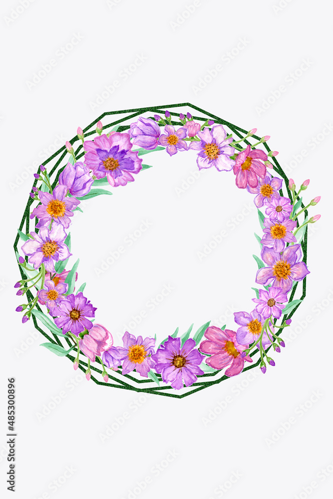 Gold frames with watercolor bouquets of flowers,peonies,poppies, for Valentine's Day greeting cards,invitations,for design works.