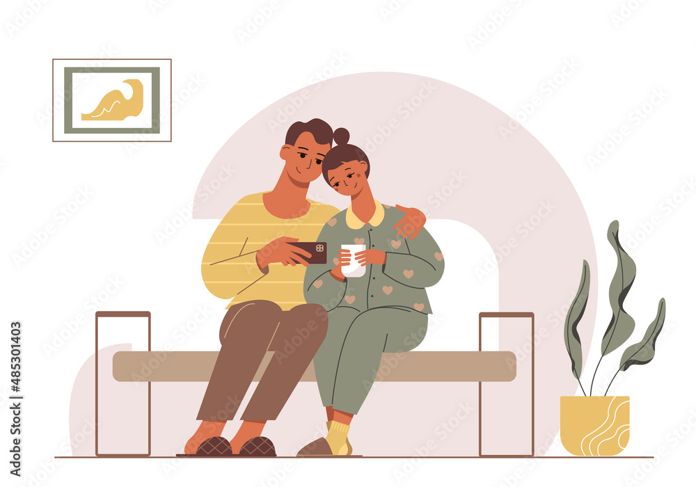 Nice cartoon young couple sitting on a sofa and watching content on the phone. A family in a cozy interior.