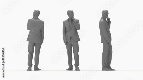 3D rendering of a casual business man front side and back view. Thinking doubting posture. Computer render model isolated silhouette.