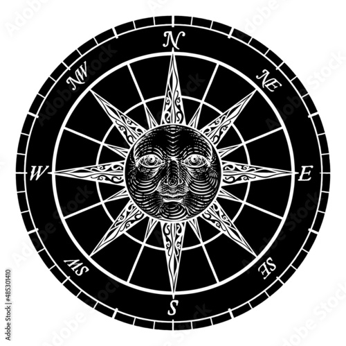 Compass Sun Face Etching Rose Woodcut Drawing