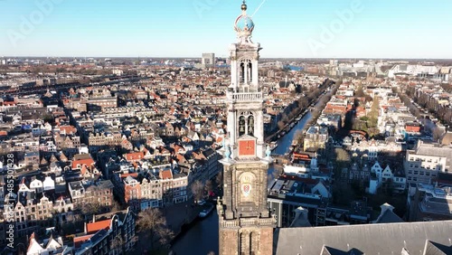 Amsterdam city center aerial drone view of the Westerkerk and the Jordaan urban area in the city center of Amsterdam. Along the canals. photo