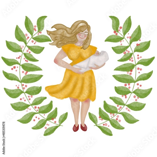 Woman with baby. Mother’s Day illustration. 