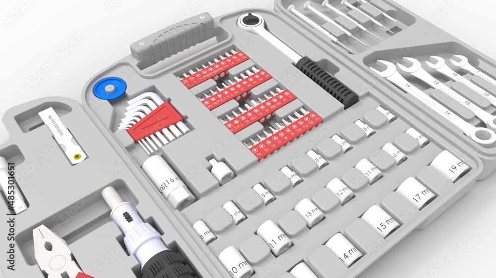 3D rendering of a multi purpose toolbox tools displayed open in empty space studio background. 3D rendering of a multi purpose toolbox tools displayed open in empty space studio background.