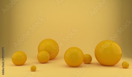 3d rendering of several sized reflected yellow spheres inside a yellow studio