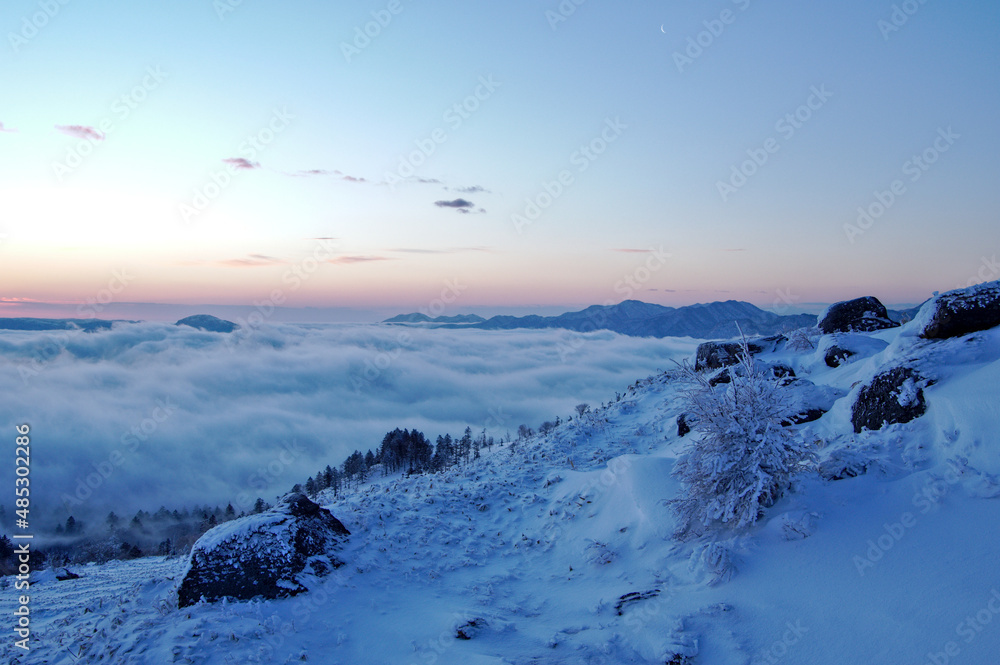 冬の朝の峰で雲海と雪に覆われた稜線