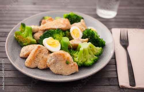 pieces of fried chicken breast with boiled broccoli and quail eggs on plate for lunch