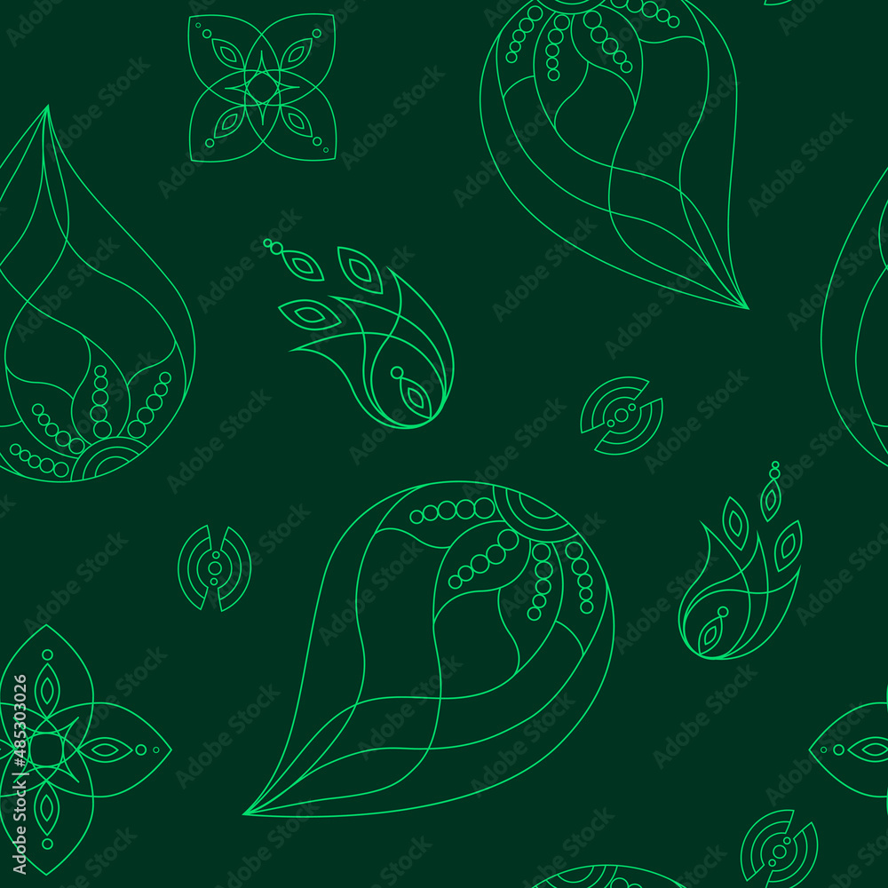 Vector seamless pattern with green unique paisley in line art style for fabric and decoration
