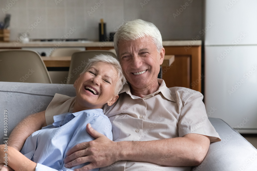 Cheerful senior couple relaxing on home couch, hugging with love, care, affection, talking, joking, laughing. Happy mature older grey haired husband and wife candid headshot portrait Cheerful senior couple relaxing on home couch, hugging with love, care, affection, talking, joking, laughing. Happy mature older grey haired husband and wife candid headshot portrait