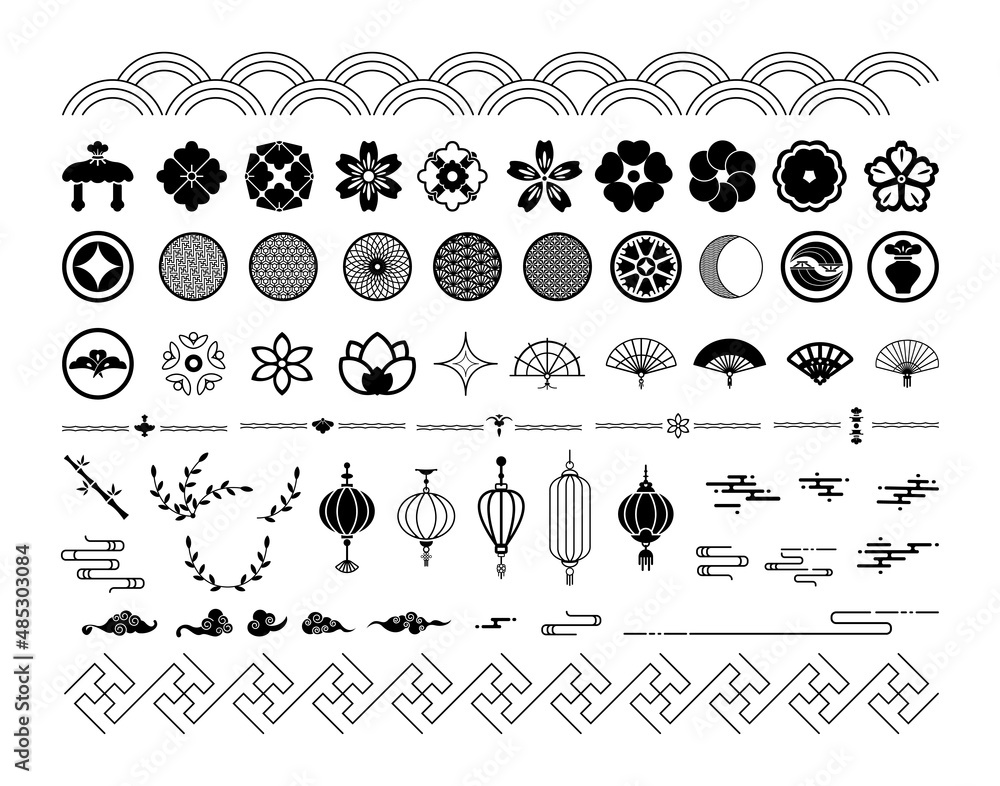 Collection of black and white Chinese ornaments and symbols. Decorative ...