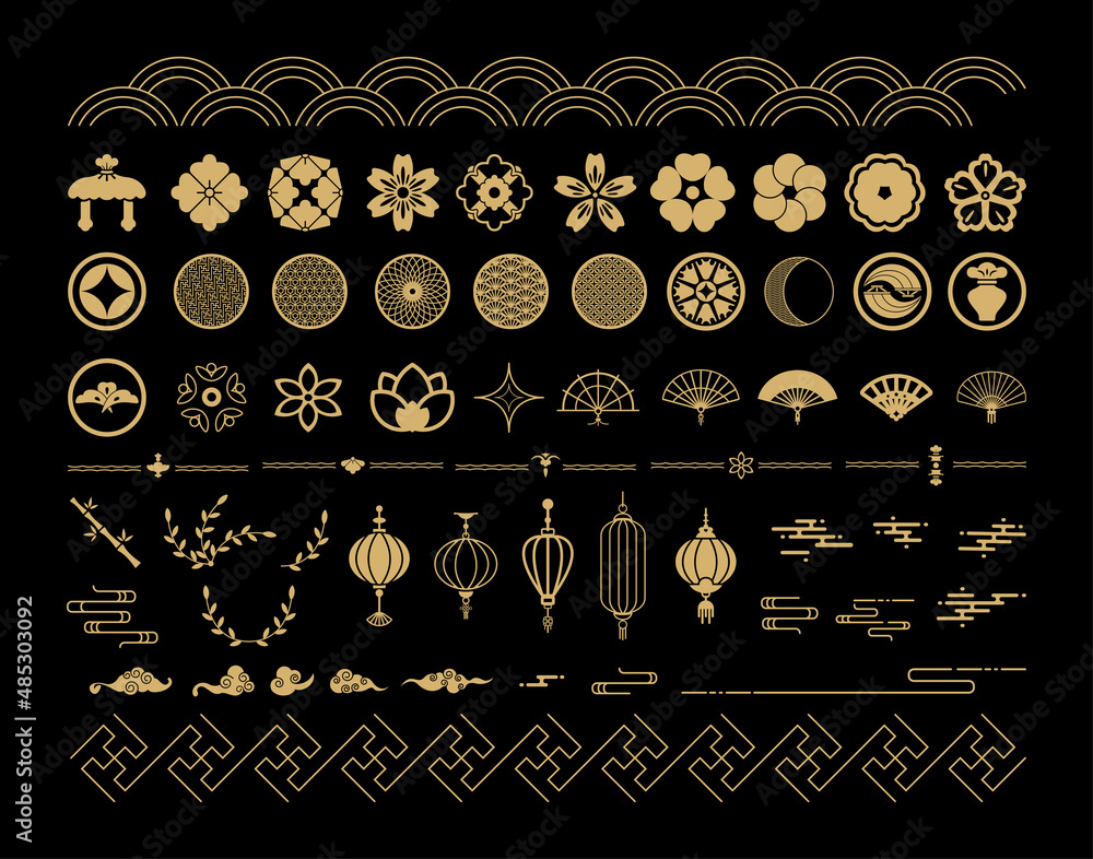 Collection of golden Chinese ornaments and symbols on a black background. Decorative Asian elements. - obrazy, fototapety, plakaty 
