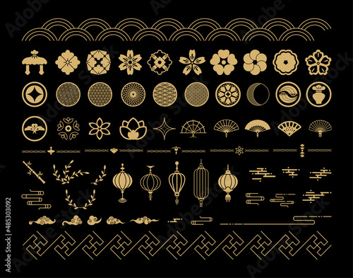 Wallpaper Mural Collection of golden Chinese ornaments and symbols on a black background