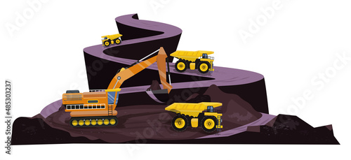 Detailed mining illustration. Stone quarry with heavy machinery.