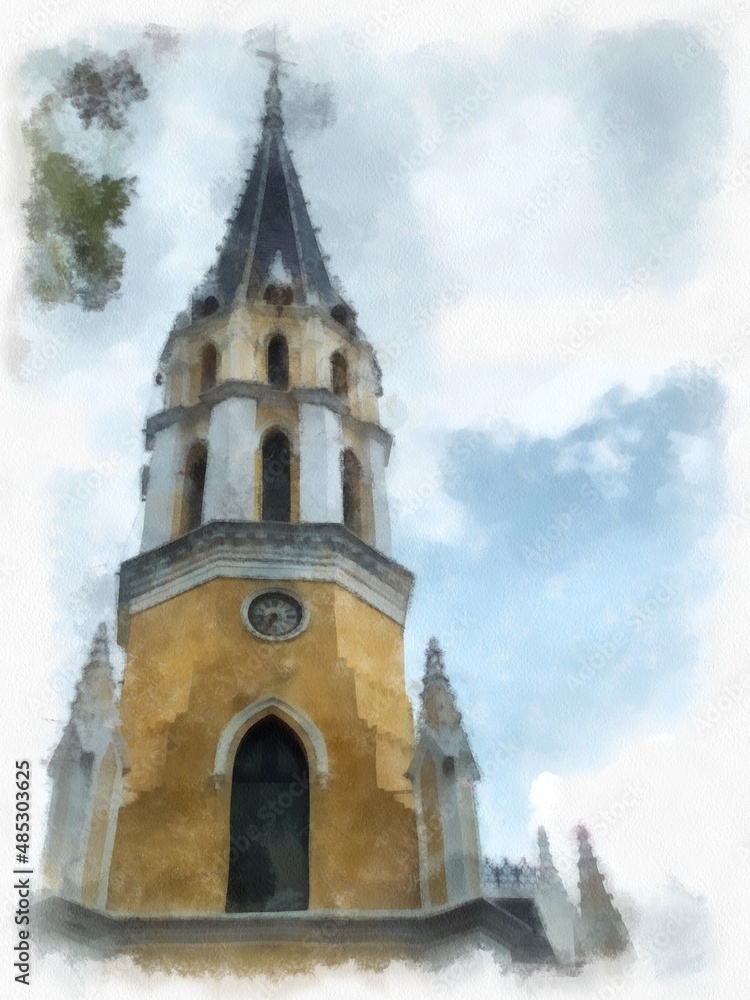 Ancient Christian Church, European Architecture, Gothic Style, Yellow watercolor style illustration impressionist painting.