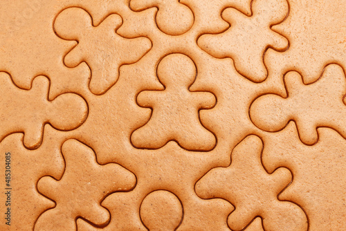 Gingerbread cookies background. Closeup of Christmas dough cookies