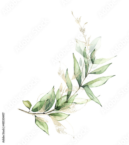 Greenery arrangement watercolor painted. Bouquet with branches  green leaves and golden line ans dust elements. 