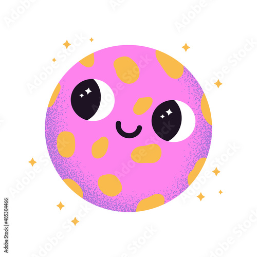 Vector illustration of abstract planet with spots. Cartoon space element with cheeks. Cute bizarre cosmic character with texture and face expression