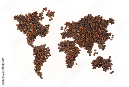 Roasted Coffee Beans in Shape of World Map Isolated on White