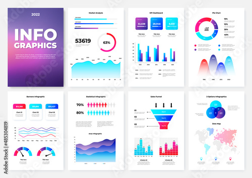 Infographic brochure template. A4 pages with charts, diagrams and workflow elements. KPI dashboard. Vector illustration for statistical report.