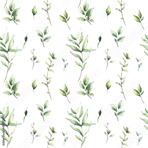 Green wild twigs and branches with leaves. Watercolor floral seamless pattern. 