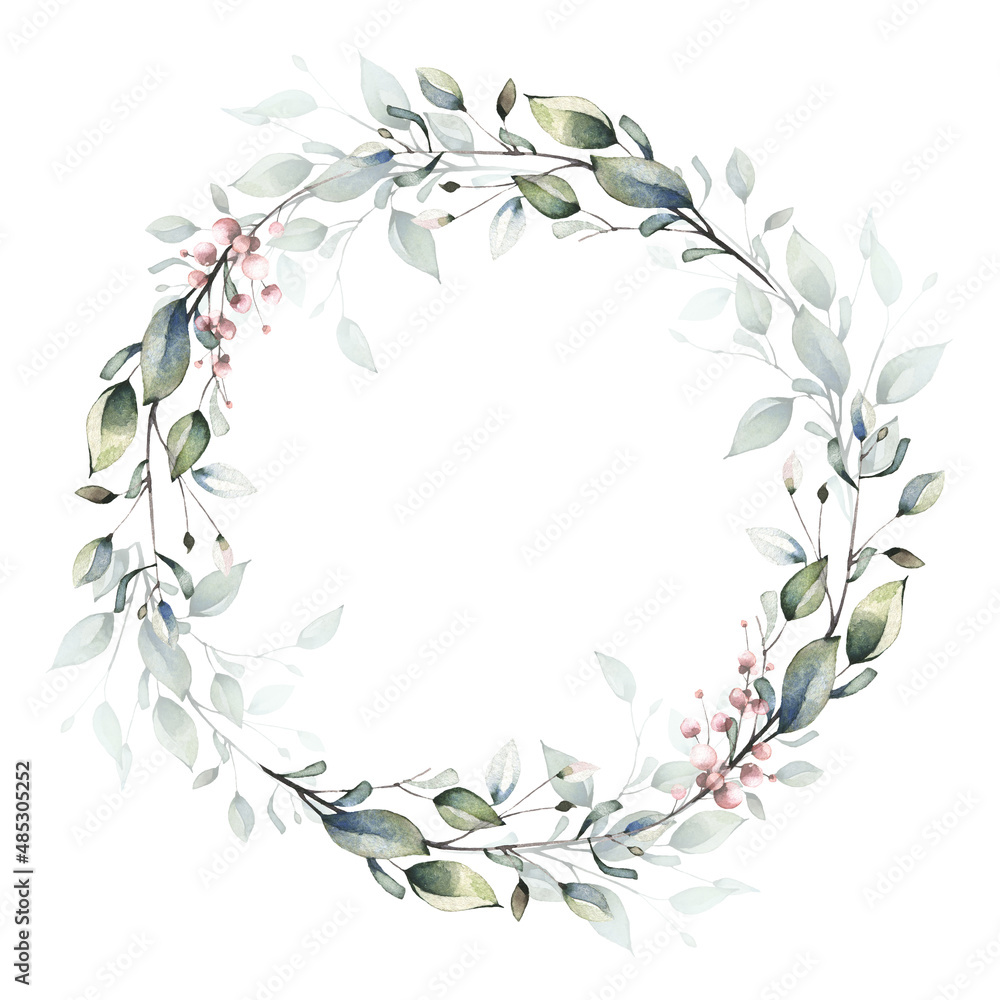 Arrangement frame with green and pink branches and leaves. Watercolor painted floral wreath.