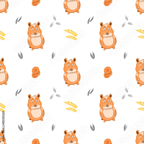 Seamless pattern with cute cartoon hamster. A simple drawing of a pet along with the products of his diet. Vector over white background.