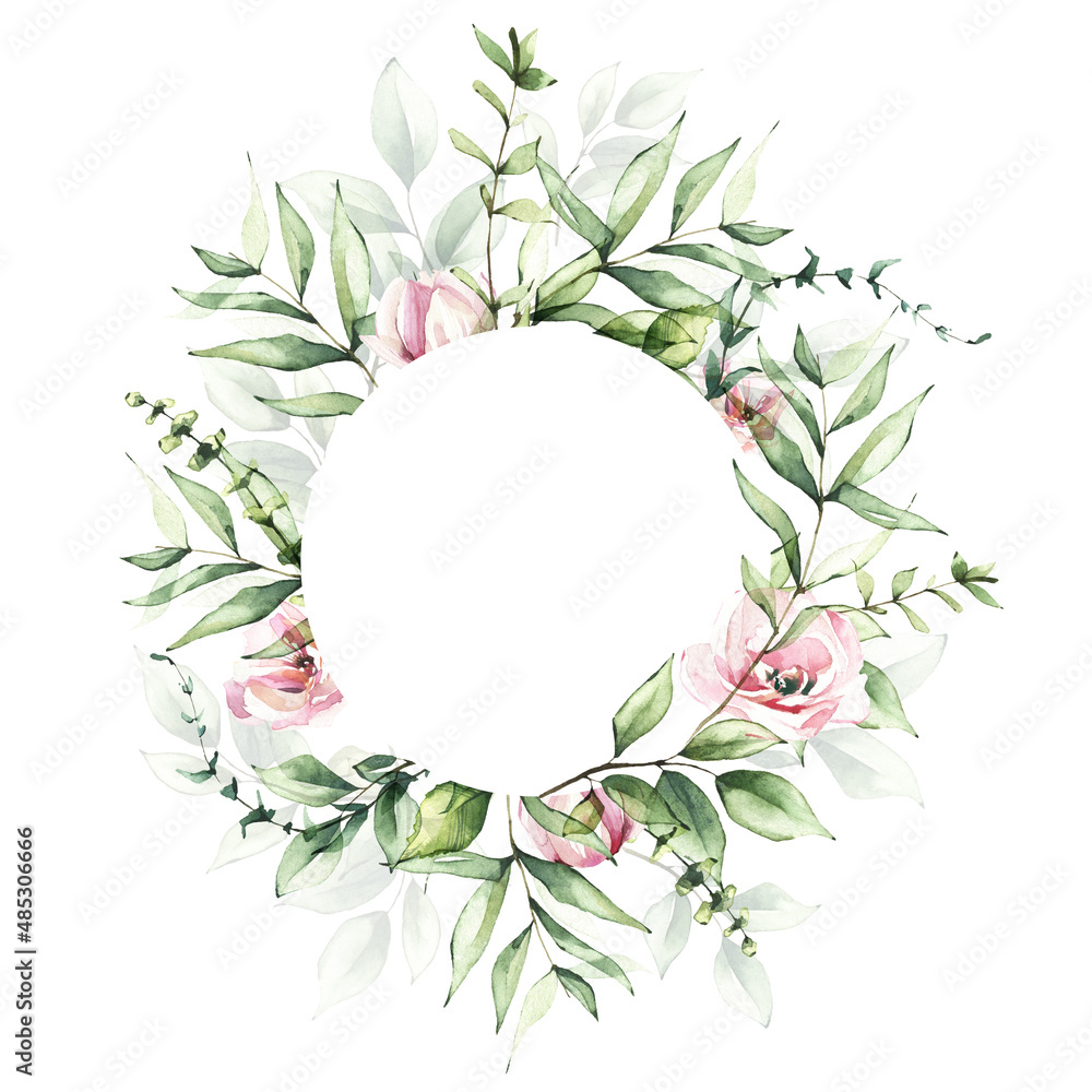Fototapeta premium Round frame template watercolor painted. Background with branches, green leaves and pink roses. Wedding ready design.