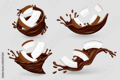 Chocolate splashes with coconut pieces isolated on gray background. Realistic vector illustration.